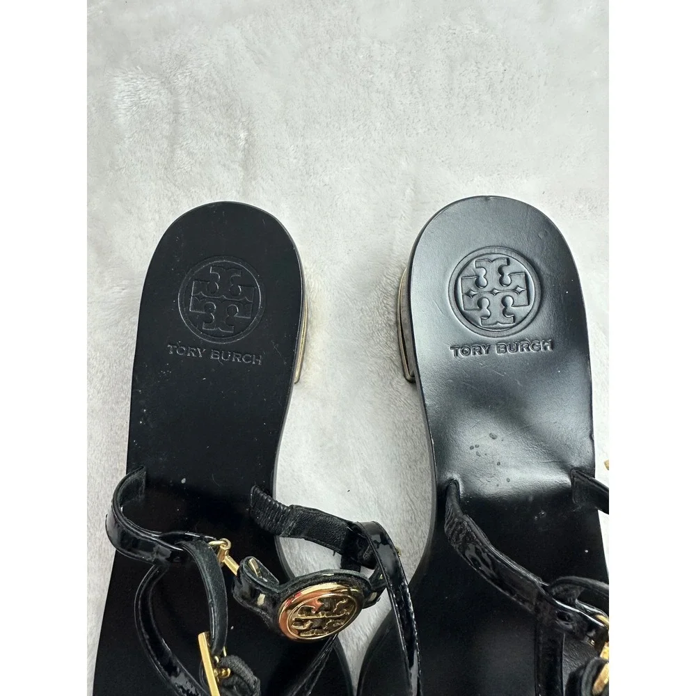 Tory Burch Block Heel Sandals Womens 9.5M Black Good Patent Leather Logo Thong
